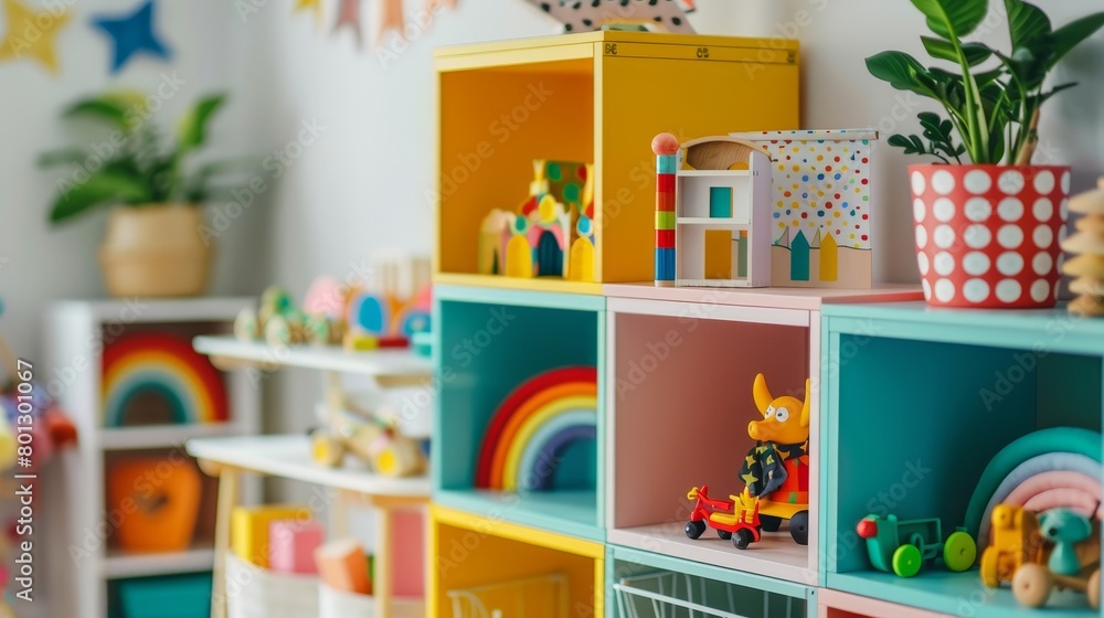 Bright and playful children's room interior, highlighting a reading nook, creative lighting, and educational toys, safety-enhanced furniture Bright and playful children's room interior, highlighting a reading nook, creative lighting, and educational toys, safety-enhanced furniture