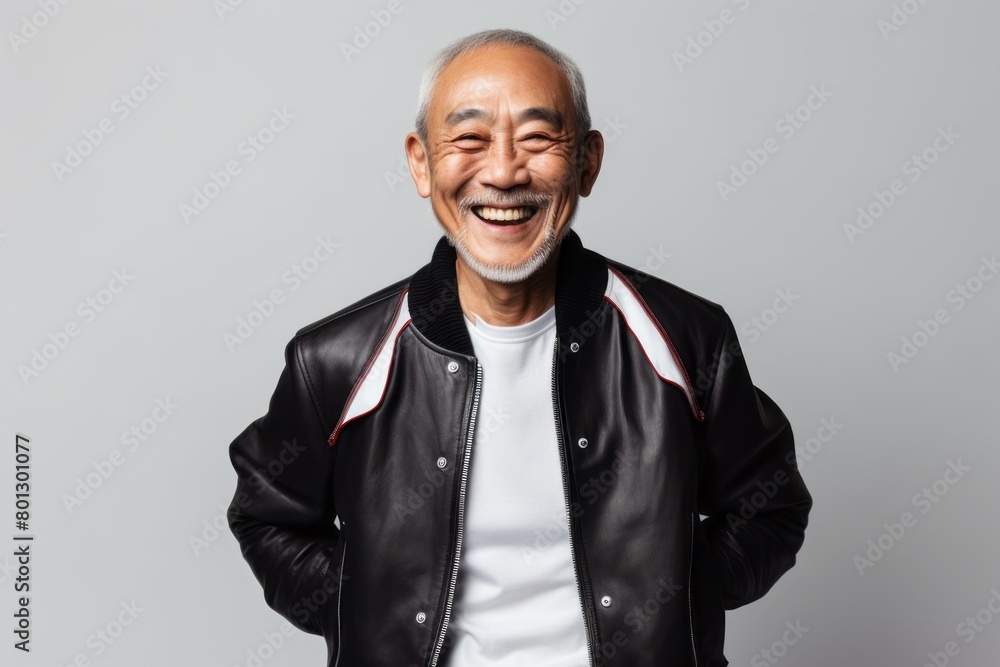 Obraz premium Portrait of a grinning asian man in his 60s sporting a stylish varsity jacket isolated on white background