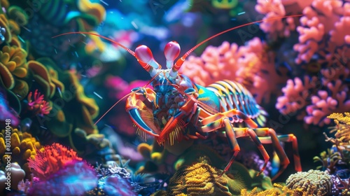 An underwater scene featuring a peacock mantis shrimp amidst colorful coral reefs, its striking appearance adding a splash of brilliance to the vibrant ecosystem.