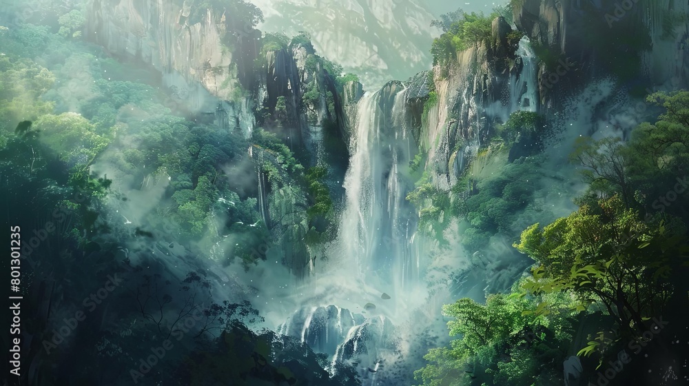 majestic waterfall cascading over a lush green tree in a digital painting