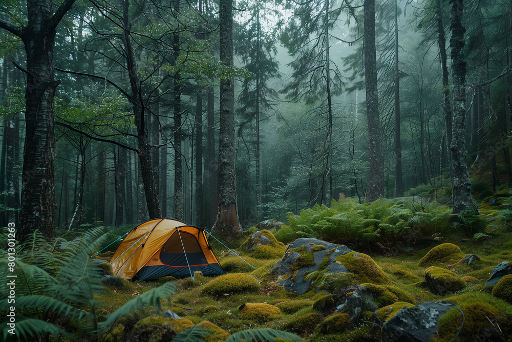 Solo camping adventure in a lush forest. Solo forest Camping for summer