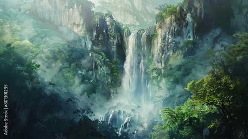 majestic waterfall cascading over a lush green tree in a digital painting © YOGI C