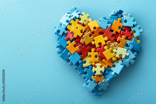 Heart made from blue  yellow  red puzzles on light blue background. World autism awareness day concept. Top view  copy space  3d  illustration