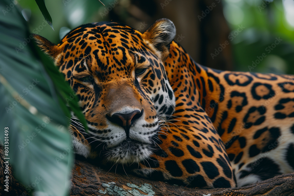 Leopard rest on a tree. A predatory jaguar on a tree