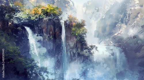 majestic waterfall cascading down a rocky cliff, surrounded by lush greenery and a clear blue sky