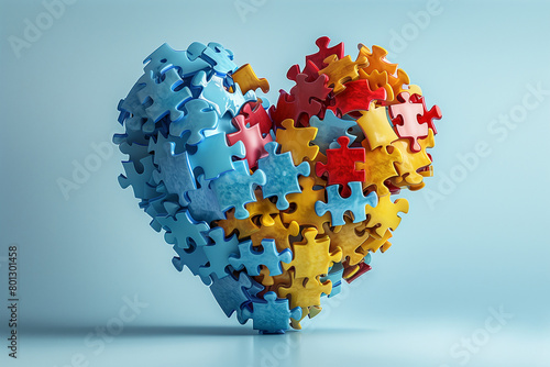 Heart made from blue, yellow, red puzzles on light blue background. World autism awareness day concept. Top view, copy space, 3d, illustration photo