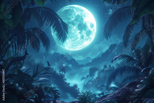 Fantasy background with tropical palm, banana leaves, birds and animals, can be used as background, wallpaper. tropical jungle at night with huge moon , 3d, illustration