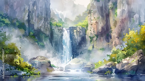 majestic waterfall cascading over a rocky cliff  surrounded by lush greenery and a clear blue sky