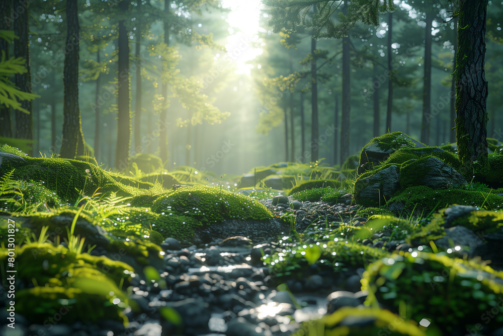 Obraz premium Enchanting Mossy Forest Landscape. Nature exploration, 3d, illustration