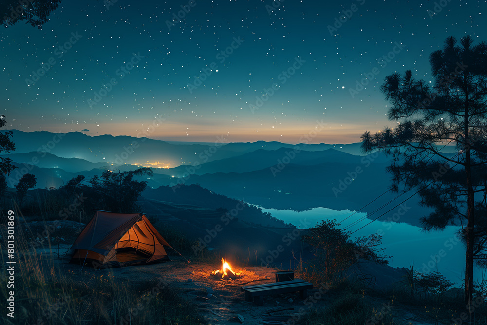 Scenic spring mountain camping with bonfire under the stars at night