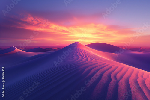 Sunrise paints unusual fractal patterns on undulating desert sand dunes with a vibrant orange and purple gradient sky as backdrop