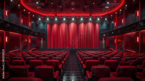 Empty movie theatre and stage with the red curtains drawn viewed over rows of seats, 3d, illustration