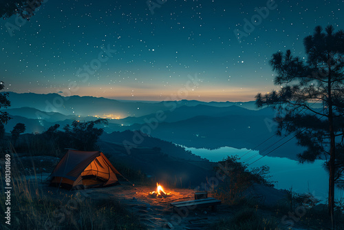 Scenic spring mountain camping with bonfire under the stars at night