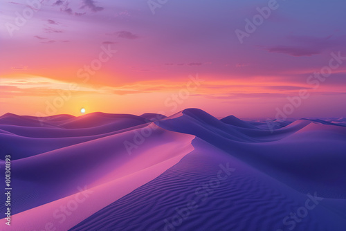 Sunrise paints unusual fractal patterns on undulating desert sand dunes with a vibrant orange and purple gradient sky as backdrop