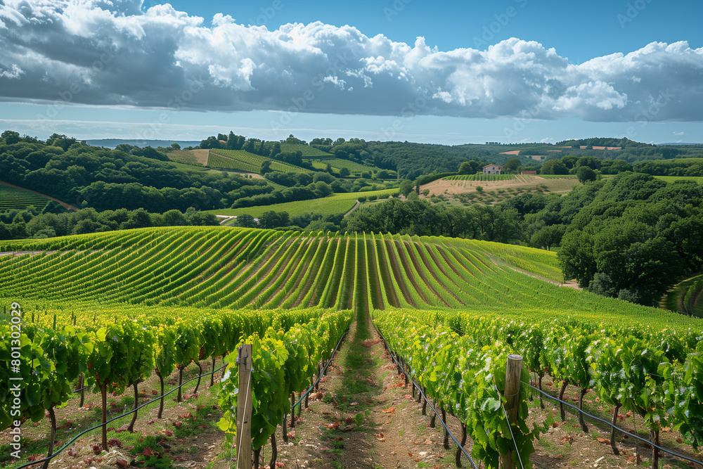 A summer vineyard field at sunset 