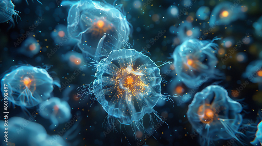 Bioluminescent plankton observed in a 3D microscopic view burst with light their radiant forms a stunning display of natures brilliance at the smallest scales. Generative ai. Bioluminescent plankton observed in a 3D microscopic view burst with light their radiant forms a stunning display of natures brilliance at the smallest scales. Generative ai.