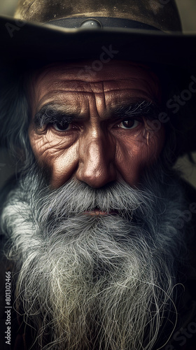Highly detailed portrait captures the weathered face of a 19th-century coal miner in the rugged wilderness of the Wild West