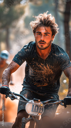 Sports cyclist races his bike to victory on an obstacle course. A man in a uniform, covered in dirt, tries to win. The blurred background is illuminated by the warm glow of the golden hour