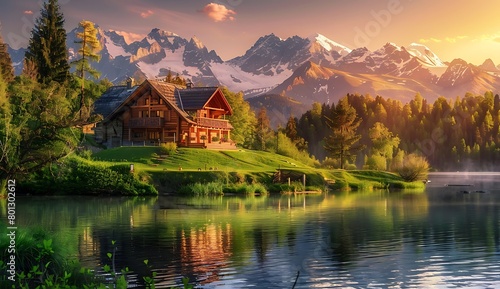  A beautiful cabin by the lake, surrounded by mountains and forests. The sun is setting behind them casting warm hues across the landscape
