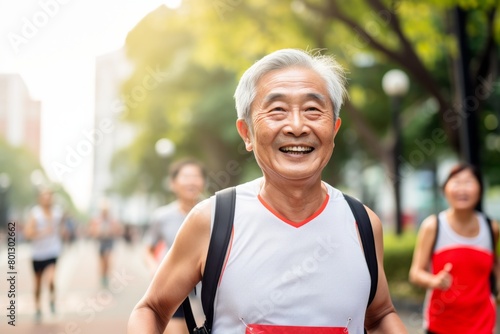 Portrait of a glad asian elderly man in his 90s wearing a lightweight running vest while standing against white background
