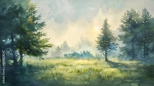 misty morning in a forest with tall green trees and a cloudy sky