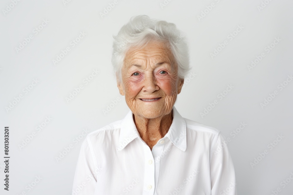 Portrait of a jovial elderly 100 year old woman wearing a classic white shirt isolated on white background Portrait of a jovial elderly 100 year old woman wearing a classic white shirt isolated on white background
