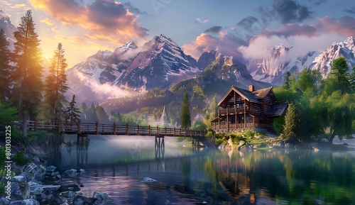  A stunning mountain landscape with snowcapped peaks, lush green forests, and serene lakes reflecting the sky. A cozy cabin nestled among trees stands on one side of lake bridge. © NS