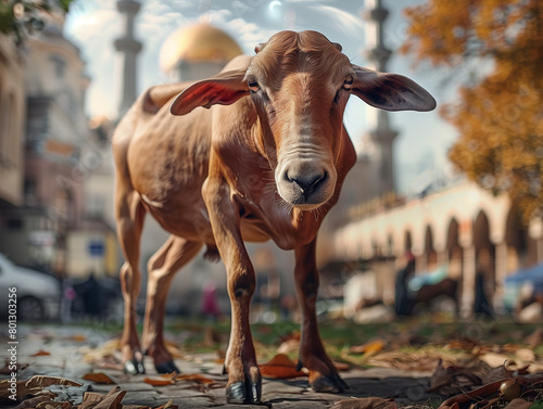 A single sheep stands still  bathed in warm light  during a blurred Eid al-Adha market scene. A golden dome and crescent moon hint at the celebration s significance.