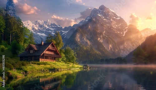 A wooden house is located on the grassy hillside, surrounded by dense forests and lush green trees, reflecting in clear water of lake at sunset. © NS