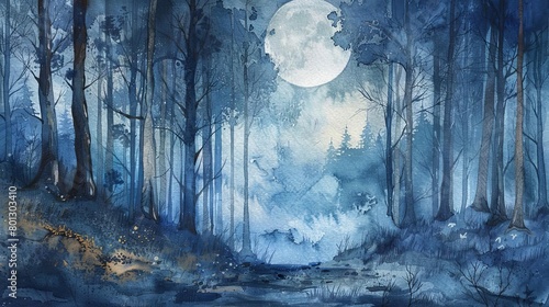 moonlit forest with bare trees and a white tree in the foreground photo