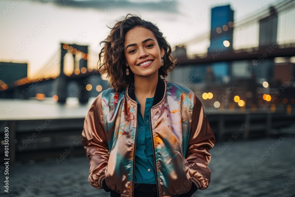 Fototapeta premium Portrait of a grinning woman in her 30s wearing a trendy bomber jacket in front of vibrant city skyline