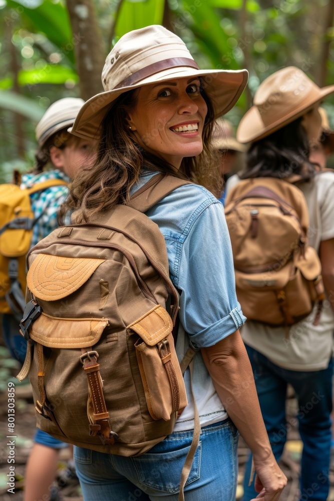 Naklejka premium Teacher and students exploring dense forest on educational field trip in a school setting