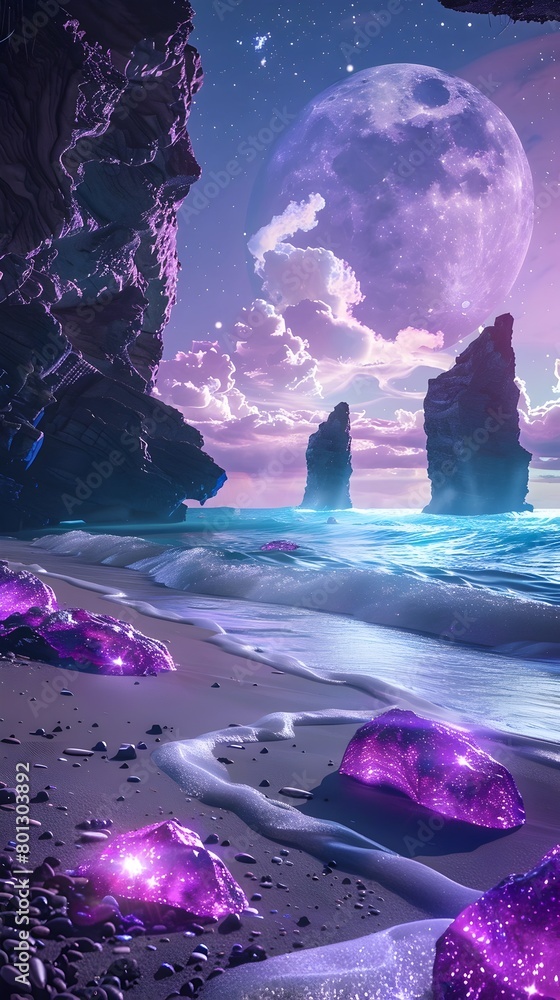 Otherworldly Alien Beach with Bioluminescent Waves and Dual Moons in the Twilight Sky
