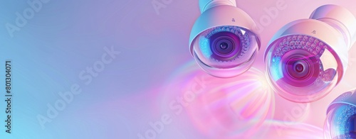 Three modern security cameras on a reflective white background with colorful lights