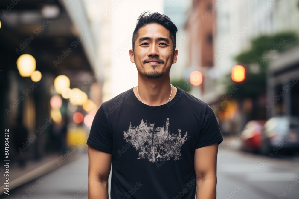 Fototapeta premium Portrait of a blissful asian man in his 30s donning a trendy cropped top on vibrant city skyline