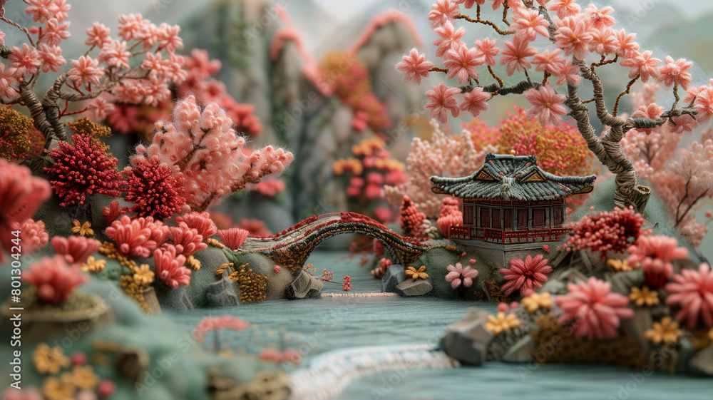 3D dimensional embroidery art of a japanese garden landscape with a traditional house in earth tones