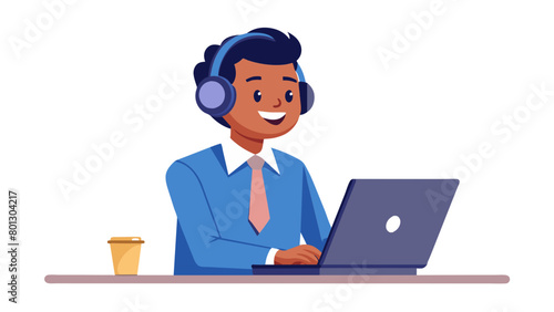Happy Indian call center agent wearing headset talking to client working in customer support office. Professional contract service telemarketing operator using laptop having conversation. Candid shot