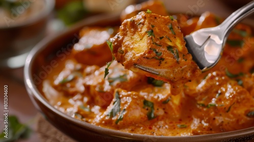 Close-up of a forkful of paneer butter masala being lifted from a plate, showcasing the creamy texture and rich flavors of this iconic Indian dish.