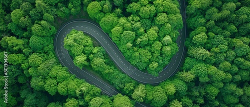 Asphalt road and verdant woodland in the distance, forest road winding through the forest, and a view of the car adventure from above