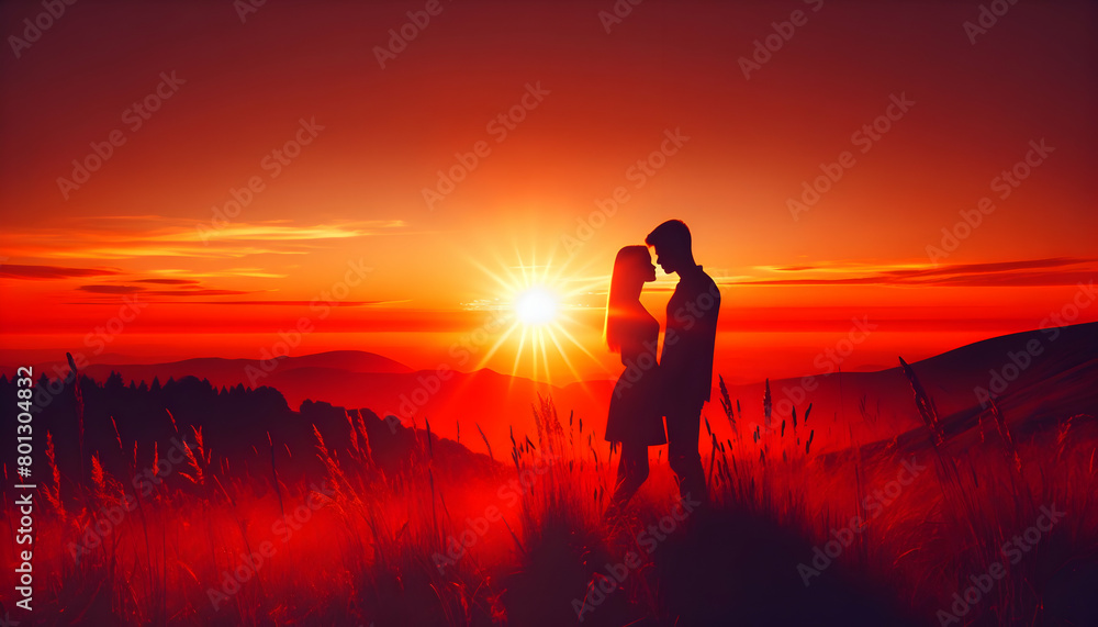 Romantic Sunset Escape: Silhouetted Couple in Tranquil Landscape Illuminated by Twilight