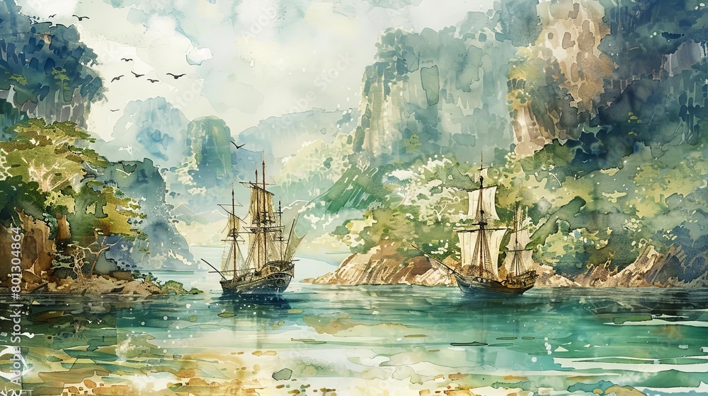 pirate cove with boats and trees, featuring a large boat and a smaller boat on blue water