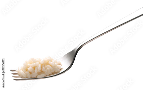 fork with portion of white rice on isolated background
