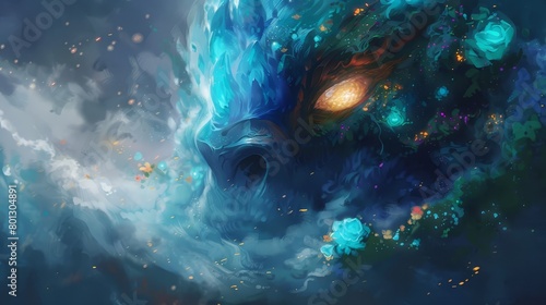 A mystical creature with glowing yellow eyes emerges from the depths of the ocean, surrounded by a swirling vortex of water and delicate blue flowers. photo