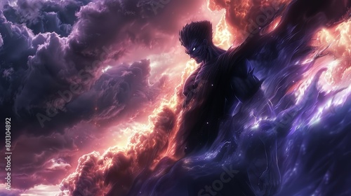 A muscular man with a determined expression on his face stands in the center of a swirling vortex of clouds. The clouds are lit up with a bright light, and the man's body is silhouetted against them. photo