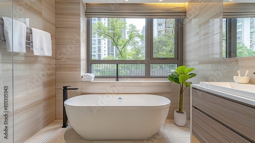 Inside a brand-new, opulent apartment block, the bathroom features a large bathtub with a tap and a window that lets in plenty of natural light. © tongpatong