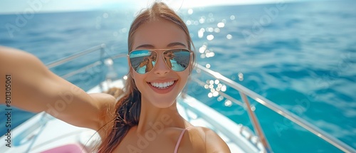 Gorgeous Caucasian woman filming a Vlog on a yacht while wearing a bikini and using a smartphone.