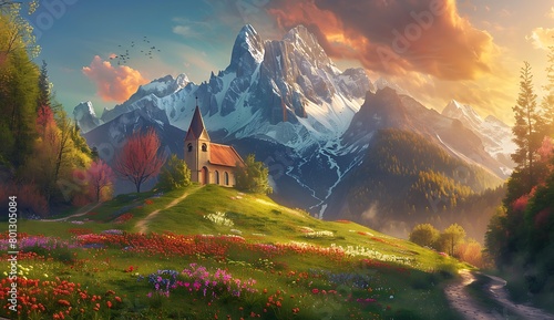 A beautiful mountain landscape with snowcapped peaks, lush green meadows and colorful wildflowers on the hillsides. A small church sits atop one of these hilltop to view it all from up close