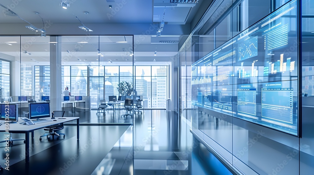 Transparent Corporate Office with Data Analytics Displays