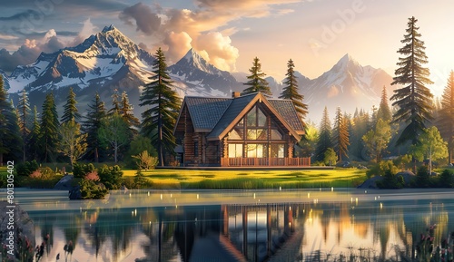 A beautiful cabin in the mountains surrounded by trees and grass near water, a beautiful house with large windows overlooking the lake and snowcapped peaks, sunset light. photo