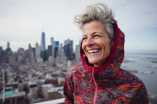 Portrait of a jovial woman in her 50s wearing a thermal fleece pullover isolated in vibrant city skyline
